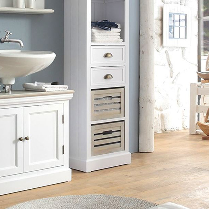 Regalschrank LIGHTHOUSE weiß beige mit Holzkisten Badschrank Hamptons