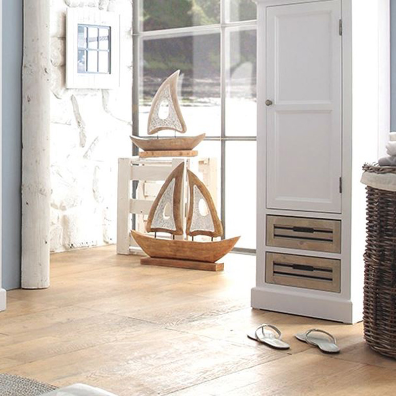 Hochschrank LIGHTHOUSE weiß beige mit Holzkisten Badschrank Hamptons