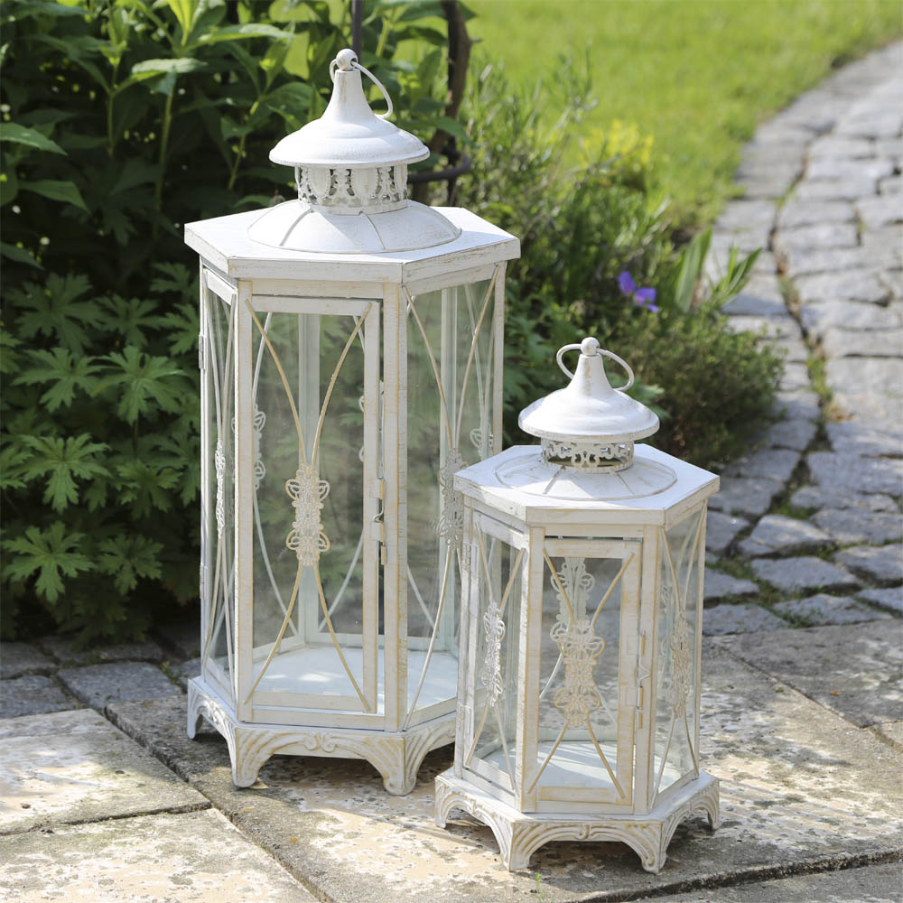 Laterne VENEDIG creme weiß H35cm antik aus Metall 6eckig Ornament