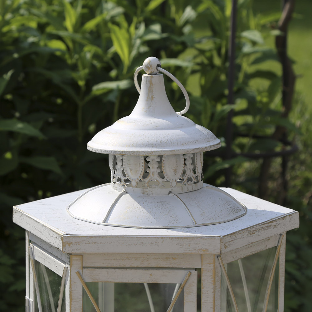 Laterne VENEDIG creme weiß H35cm antik aus Metall 6eckig Ornament