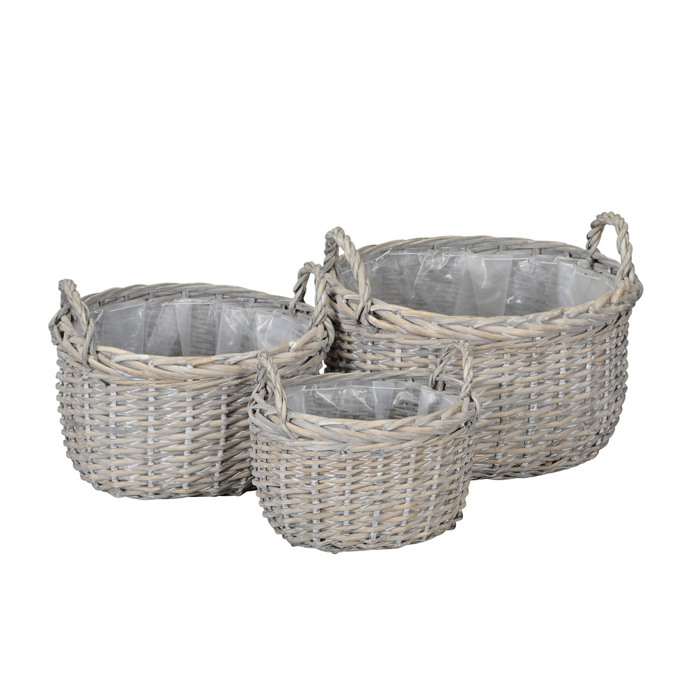 3tlg. Pflanzkorb BASKET grau oval aus Rattan Pflanzschale Strandhaus (3