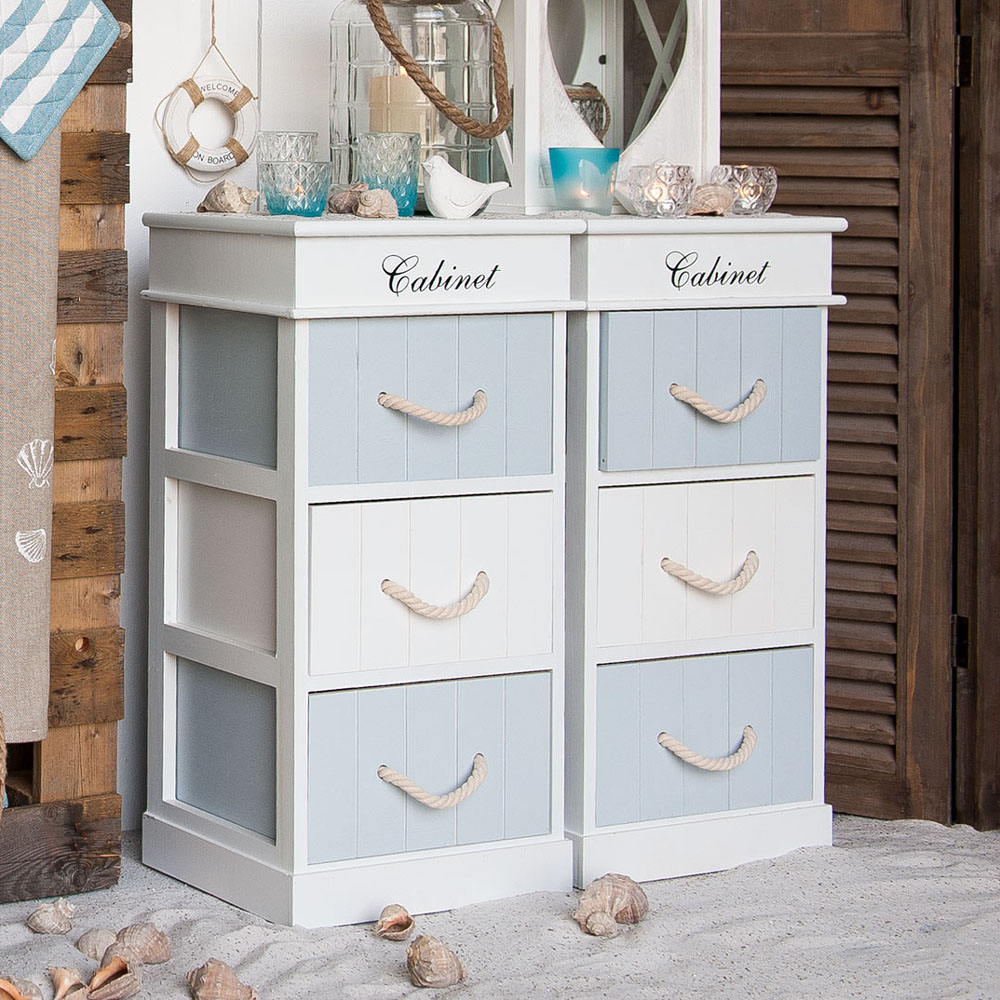 Beistellschrank HAMPTONS weiß hellblau mit Seilgriffen Badschrank Long