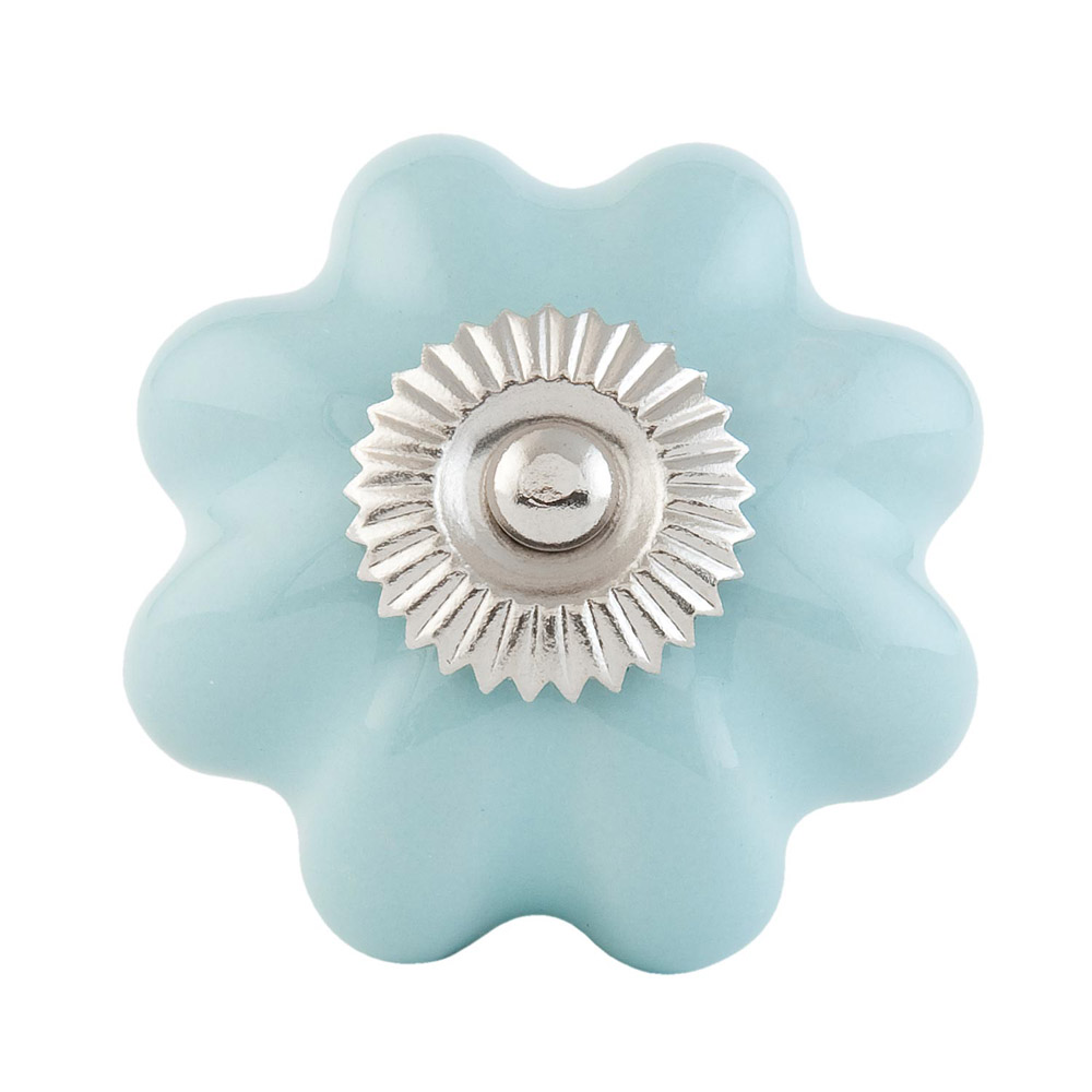 Schrankknopf KOPENHAGEN hellblau silber aus Keramik Schrankgriff Blume