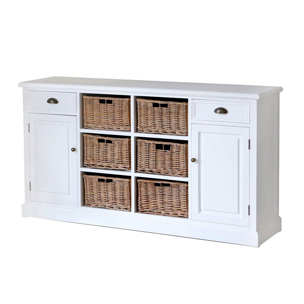 Sideboard BAYSIDE weiß mit Rattankörben Anrichte Kommode