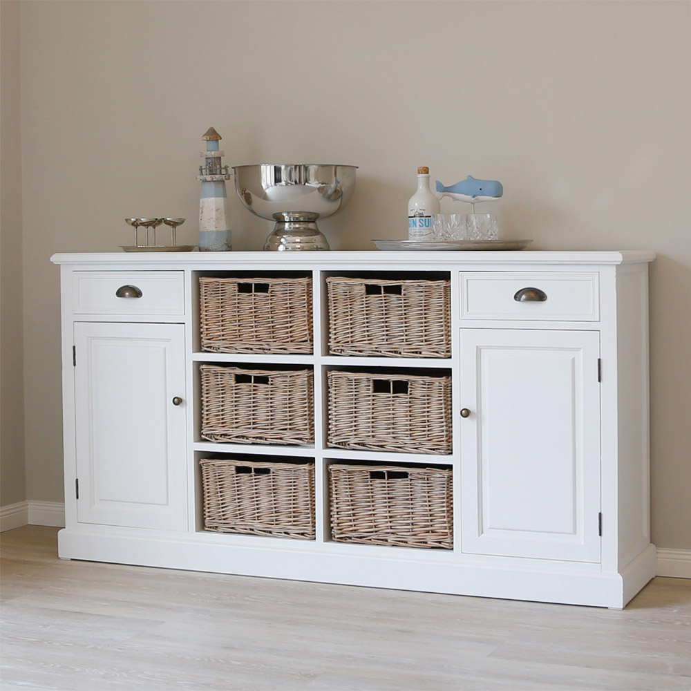 Sideboard BAYSIDE weiß mit Rattankörben Anrichte Kommode