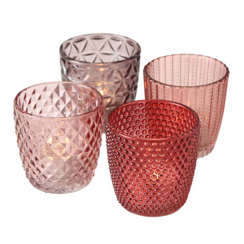 4tlg. Windlicht MARILU rosa altrosa violett Muster geriffelt aus Glas (4  Motive)